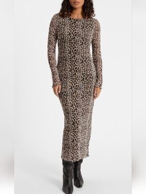 Express Leopard Mesh Crew Neck Long Sleeve Maxi Dress